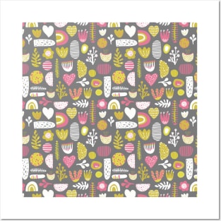 Scandinavian cute abstract shapes, flowers, hearts Posters and Art